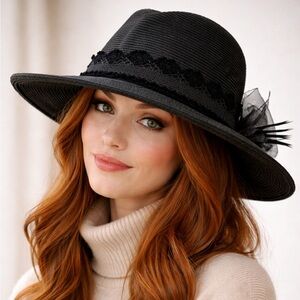 Elegant Black Women's straw hat with a Bow and Lace Details❤️S/M